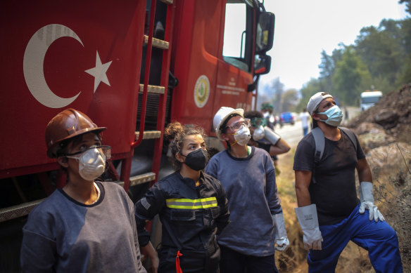 Turkish volunteers prepare to fight wildfires in Turgut village, near tourist resort of Marmaris, Mugla, Turkey.