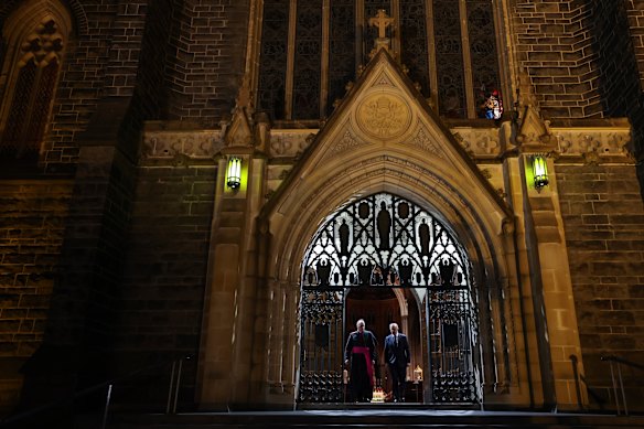 Albanese leaves St Patrick’s Cathedral in Melbourne after paying his respects following the death of Pope Francis.
