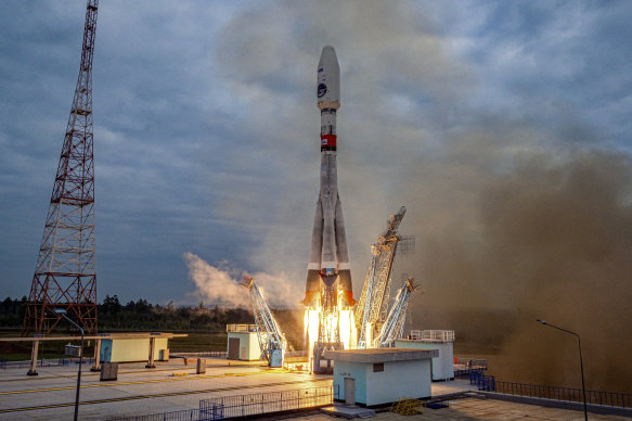 The Soyuz-2.1b rocket with the moon lander Luna-25 automatic station takes off from a launch pad at the Vostochny Cosmodrome in Russia on Friday.