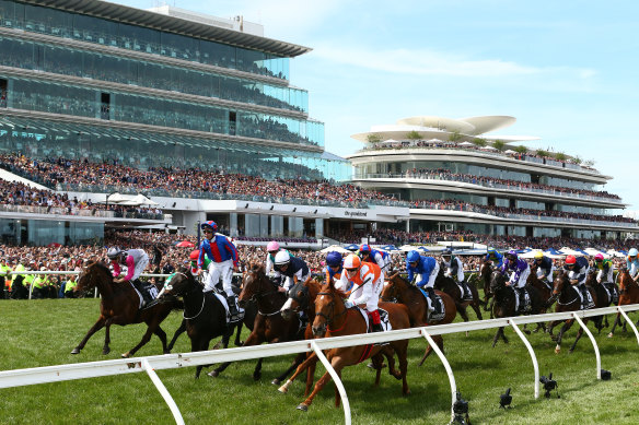 The 2019 Melbourne Cup field off and racing. 