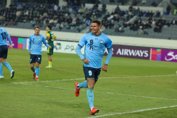 Sydney FC striker Patryk Klimala celebrates one of his two goals in the first leg against Jeonbuk.