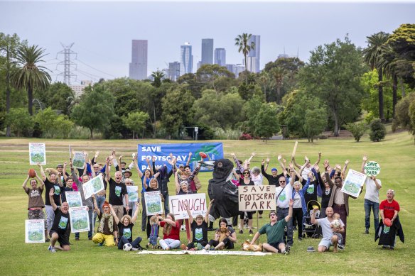 Save Footscray Park members (pictured here on Monday) gathered outside council halls before Tuesday's meeting.