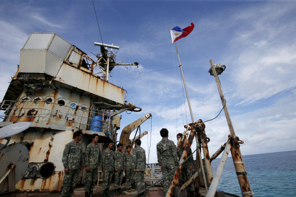 Filipino marines on the Sierra Madre, an intentionally beached ship and outpost on the Second Thomas Shoal.