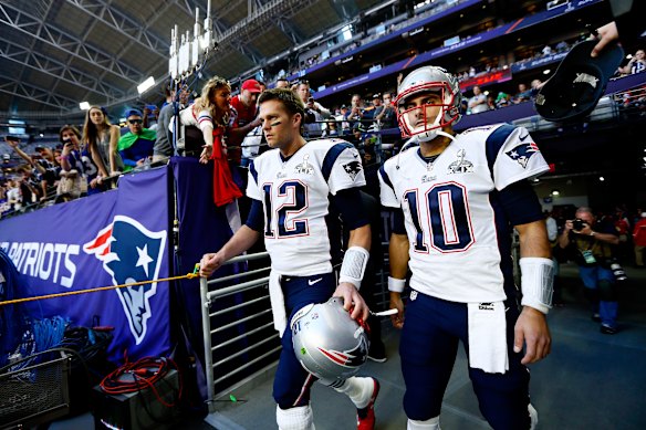 Tom Brady and Jimmy Garoppolo walk to the field for Super Bowl XLIX in 2015 - the last time these two teams met in NFL’s ultimate decider.