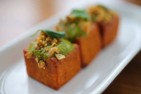 Sarma in Somerville: pumpkin fritters with coriander, chickpea and walnut. 