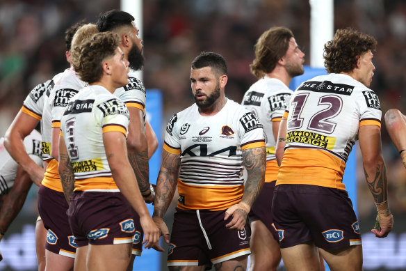 Adam Reynolds of the Broncos reacts after a Panthers try.