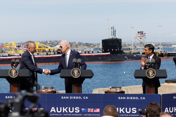 Prime Minister Anthony Albanese, President of the United States Joe Biden and UK Prime Minister Rishi Sunak during the AUKUS announcement at Naval Base Point Loma in San Diego.