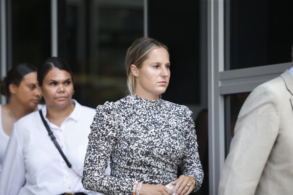 Rugby union player Kurtley Beale’s wife, centre, and two sisters leaving Parramatta Bail Court on Saturday.