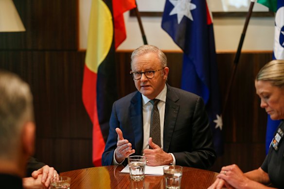 Anthony Albanese, pictured at a security briefing on Tuesday, warned of lowering the temperature.