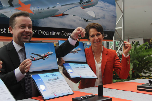 Hrdlicka with former boss, Qantas head Alan Joyce, with whom she is now a direct competitor.