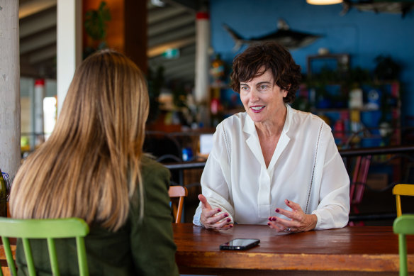 Independent Member for Curtin Kate Chaney, talking to Jesinta Burton in City Beach.