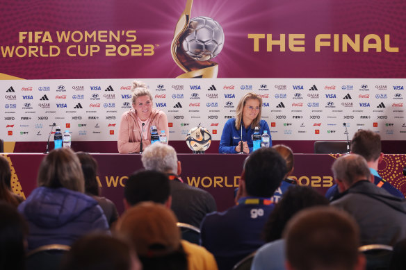 England’s Millie Bright and coach Sarina Wiegman speak in Sydney on Saturday.