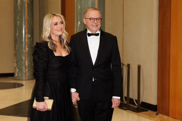 Anthony Albanese and partner Jodie Haydon arrive for the Midwinter Ball.