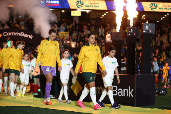 Sam Kerr and the Matildas at Marvel Stadium.