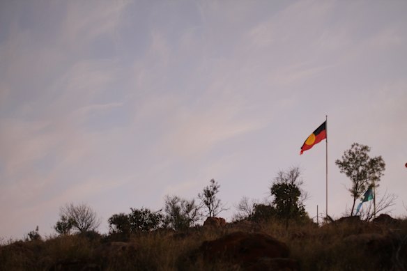 The Aboriginal flag, flying on Anzac Hill, which Price opposed in 2018 when she was a town councillor. 