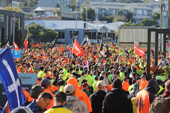 CFMEU members rallying at Bowen Hills this week in the wake of the High Court decision.