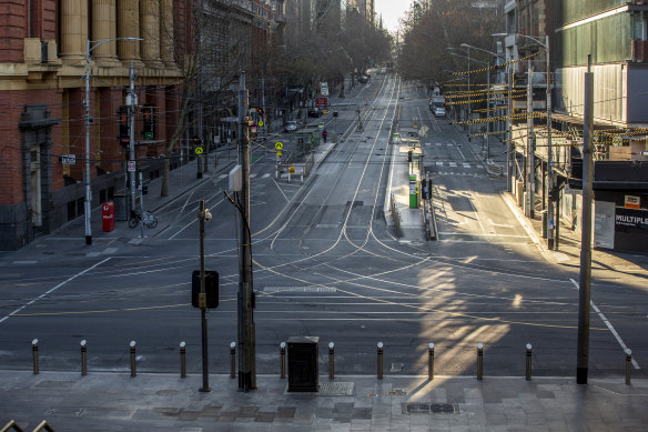 Empty Bourke Street on the eve of Melbourne’s stage four lockdown in August, 2020.