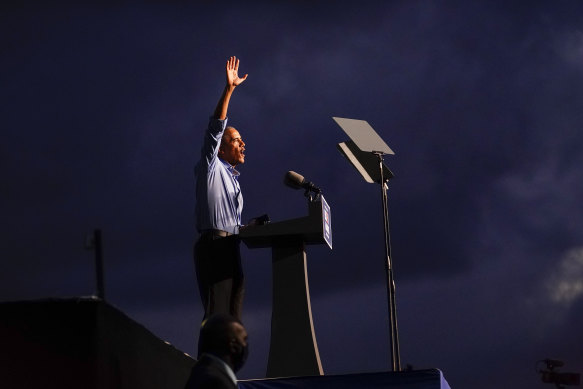 President Barack Obama waves after speaking at Citizens Bank Park as he campaigns for Democratic presidential candidate Joe Biden.
