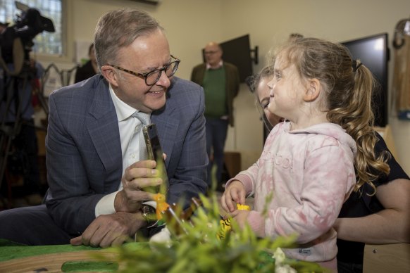 Prime Minister Anthony Albanese visiting Occasional Child Care Centre in Diamond Creek in Melbourne.
