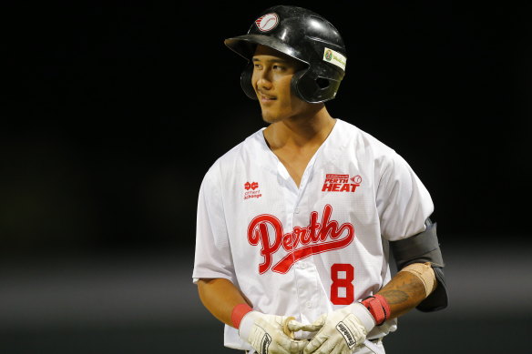 Hawaiian sensation Shane Sasaki scored two home runs in Perth Heat’s win over the Adelaide Giants in the Australian Baseball League playoffs. 