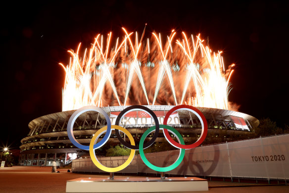 Fireworks go off during the opening ceremony of the Tokyo 2020 Olympic Games. 