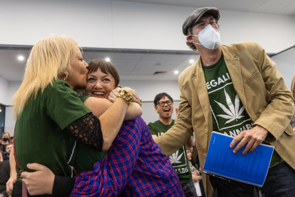 Legalise Cannabis members celebrate winning two upper house seats at the Victorian election last year.