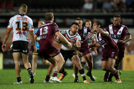 In-form flyer David Nofoaluma in action against Manly.