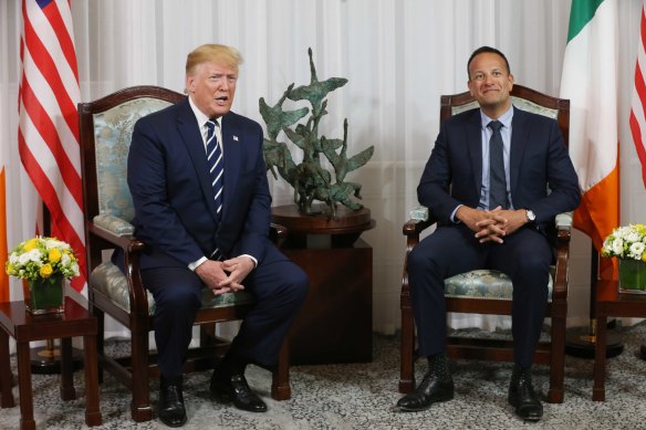 President Donald Trump with Ireland's Prime Minister Leo Varadkar on the latest leg of his overseas tour.