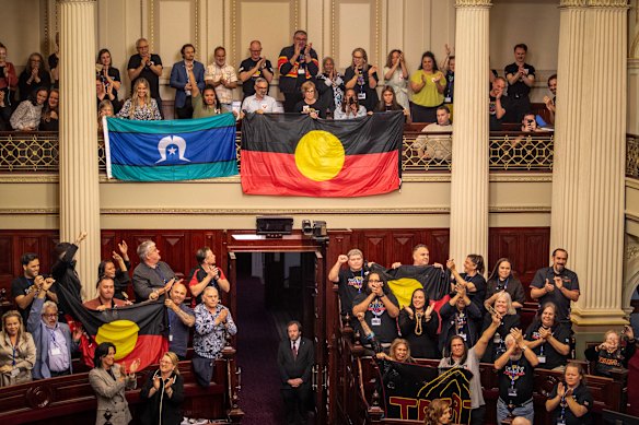 Members of the First Peoples Assembly celebrate the passage of Victoria’s historic treaty legislation through parliament. 