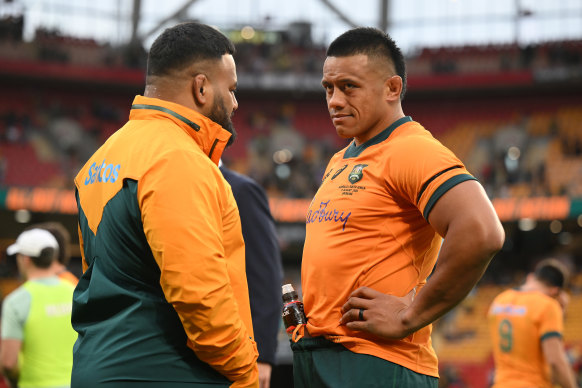 Allan Alaalatoa of the Wallabies speaks with Taniela Tupou after the game in Brisbane.