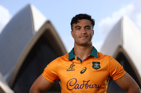 Joseph Suaalii models the Wallabies jersey to be used in the upcoming British and Irish Lions tour