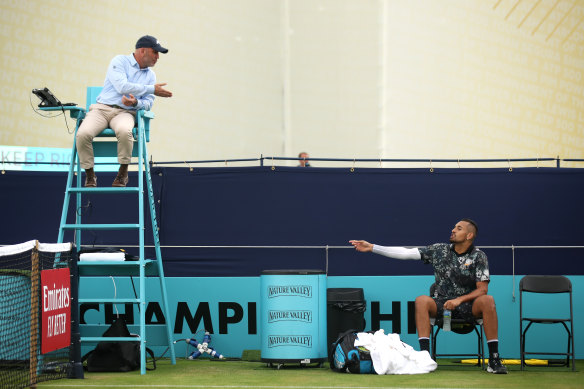 Nick Kyrgios complains to the umpire Fergus Murphy at Queen's last year. 
