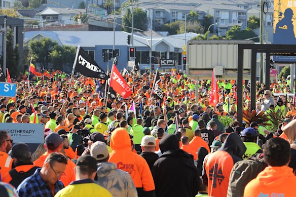 Members of the CFMEU protesting in Brisbane last month.