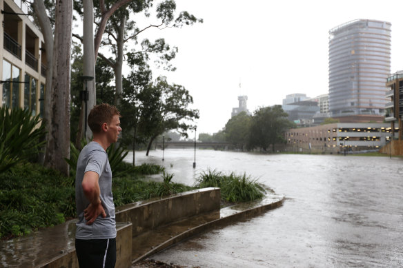 A man watches the rising Parramatta River. In the distance, the new Powerhouse Museum site has experienced flooding.
