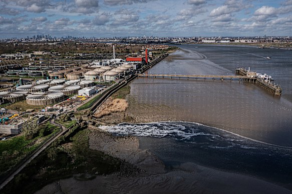 An aerial view of discharge flowing into the River Thames at Crossness sewage treatment works in London in March 2024. Recent data has revealed a 105 per cent rise in raw sewage discharges into rivers over the prior 12 months, the equivalent of 3.6 million hours worth.