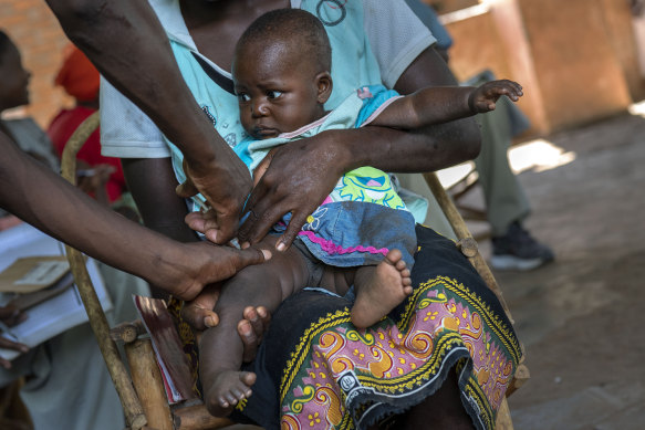 A baby from the Malawi village of Tomali is injected with the world’s first vaccine against malaria in a pilot program in 2019. The World Health Organisation authorised a second malaria vaccine on Monday.