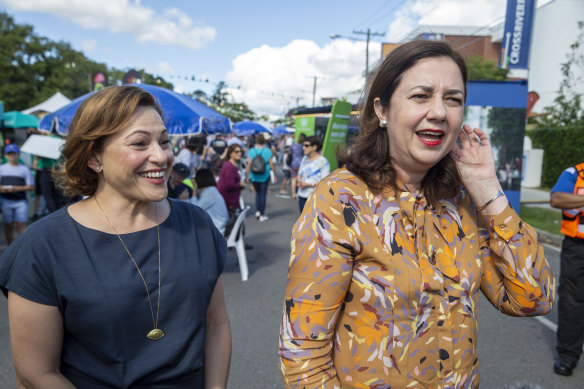Jackie Trad (left) and Annastacia Palaszczuk attend last year's Paniyiri Greek Festival, which is among many events that have been cancelled this year.  