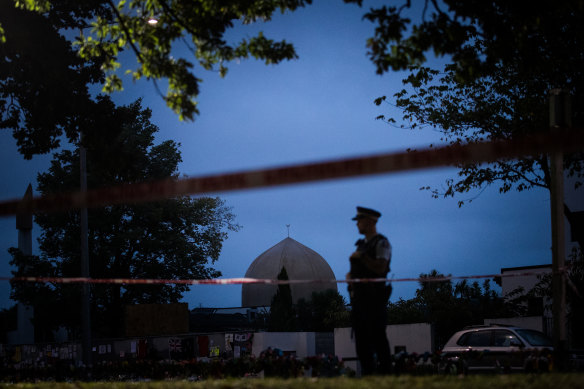 A policeman stands guard at the Al Noor Mosque in Christchurch.