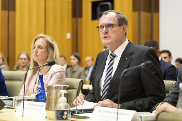 Tax commissioner Chris Jordan and Finance Minister Katy Gallagher during a Senate estimates hearing.