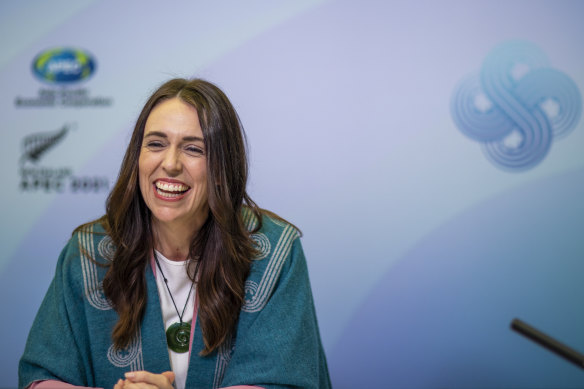 New Zealand Prime Minister Jacinda Ardern addresses the APEC Leaders’ forum via video from Wellington on Saturday.