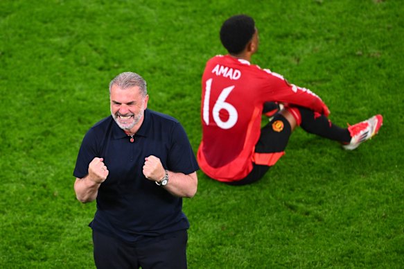 Tottenham’s head coach Ange Postecoglou celebrates after the Europa League final against Manchester United.