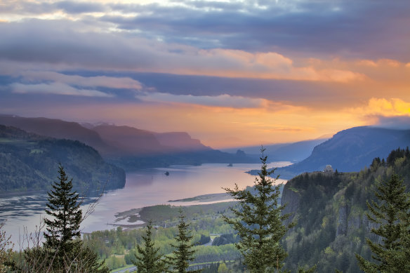 Sunrise on Crown Point at Columbia River Gorge in Oregon.