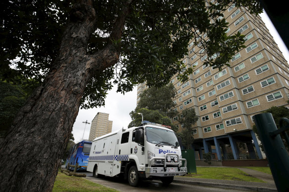 A police truck outside Flemington Towers on Sunday July 5.