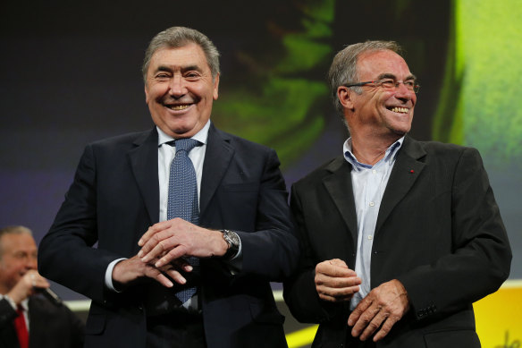 Five-time Tour winners Eddy Merckx (left) and Bernard Hinault.