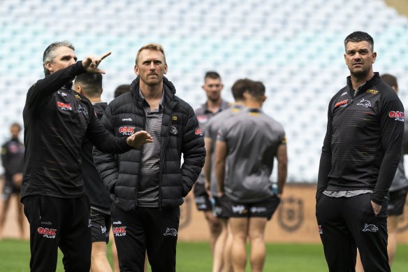 The last hurrah ... Ivan Cleary with Andrew Webster and Cameron Ciraldo at last year’s grand final captain’s run.