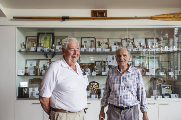 Good mates: Jim Skidmore and Peter Gill inside Yarra Yarra Rowing Club. 