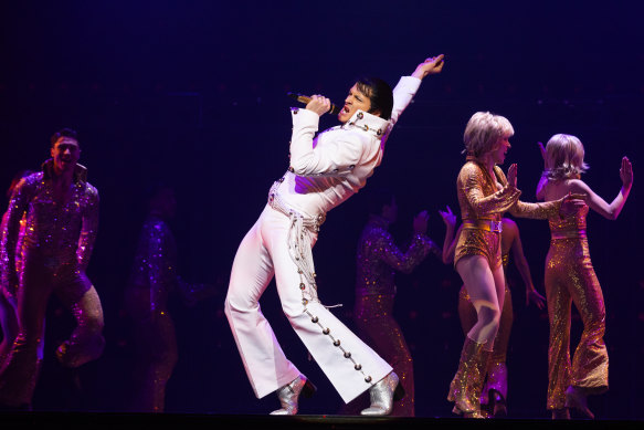 Rob Mallett performs during a media preview of “Elvis: A Musical Revolution” at the Athenaeum Theatre in Melbourne.