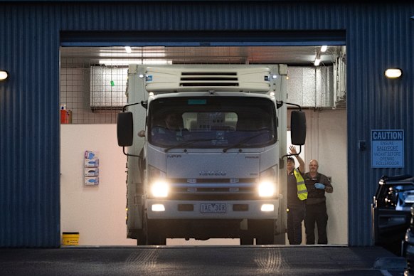 A prison van with Erin Patterson inside prepares to leave the Latrobe Valley law courts on Monday afternoon.