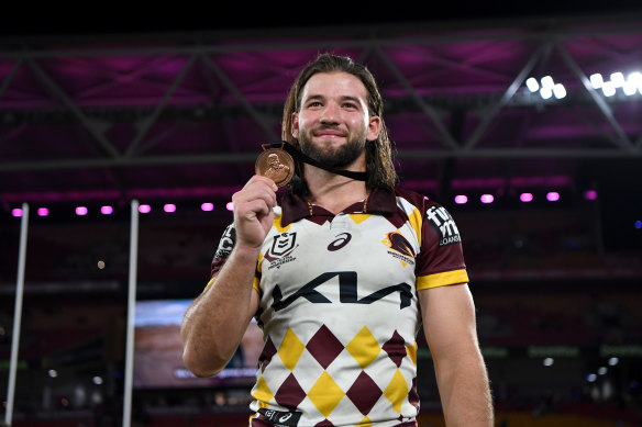 Pat Carrigan with the Carl Webb Medal after the Broncos’ win over the Cowboys at Suncorp Stadium.