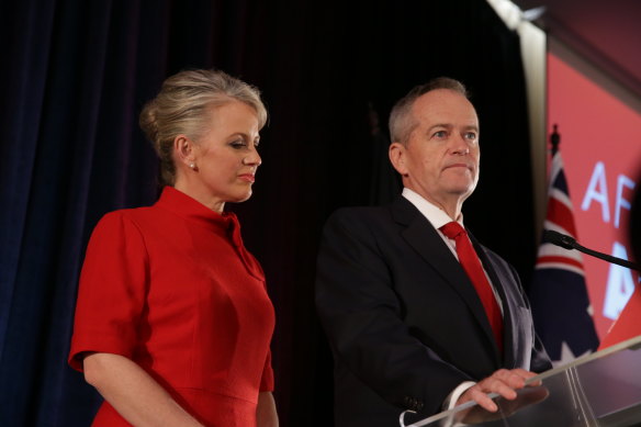 Bill Shorten, with wife Chloe, concedes election defeat in May 2019.